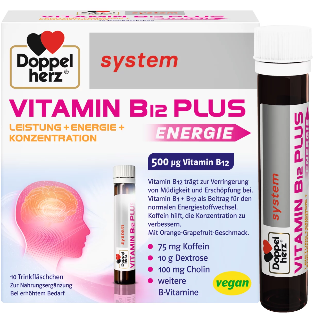 Illustration of the product packaging Doppelherz system  Vitamin B12 Plus Energie front view